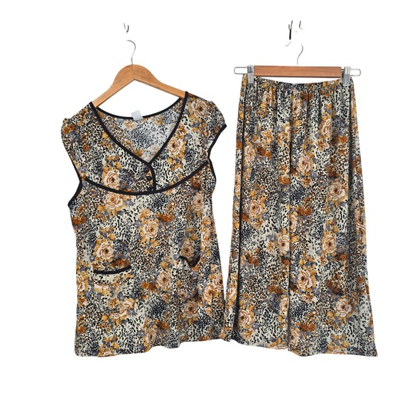 Unbranded Pants - Womens Leopard Floral 2 Piece Lounge Set V-Neck Tunic‎ Wide Leg Pants Tan Yellow